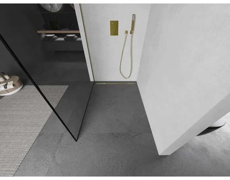 Mexen Kioto L, sprchová zástena Walk-In 90 x 200 cm, 8mm číre sklo čierny vzor, zlatý matný profil, 800-090-103-55-70