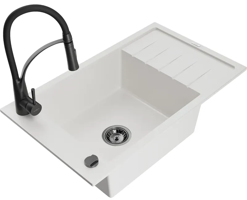 Mexen Elias, 1-komorový granitový drez 795x480x200 mm a drezová batéria Aster, biela, 6511-20-73450-70-B