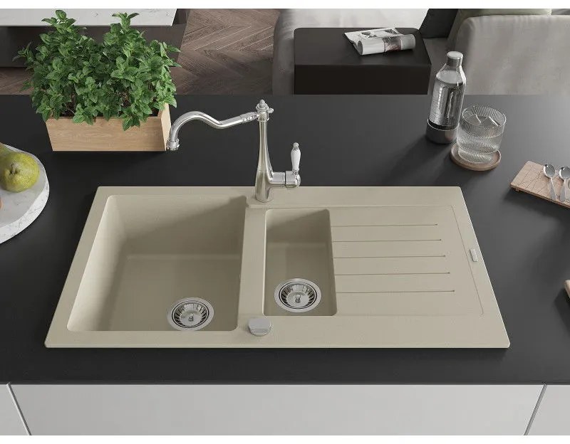 Mexen Matias, granitový drez 900x505x200 mm, 1,5-komorový a drezová batéria Carla, béžová, 6502-69-670700-00