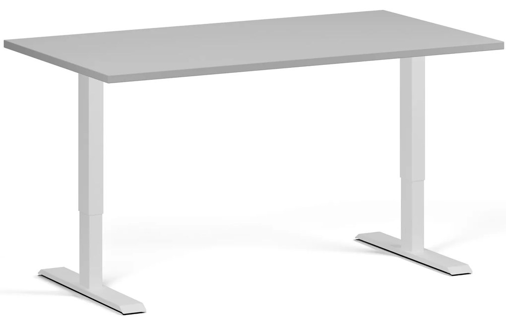 Výškovo nastaviteľný stôl, 140x80 cm, 1 motor, biela podnož, sivá