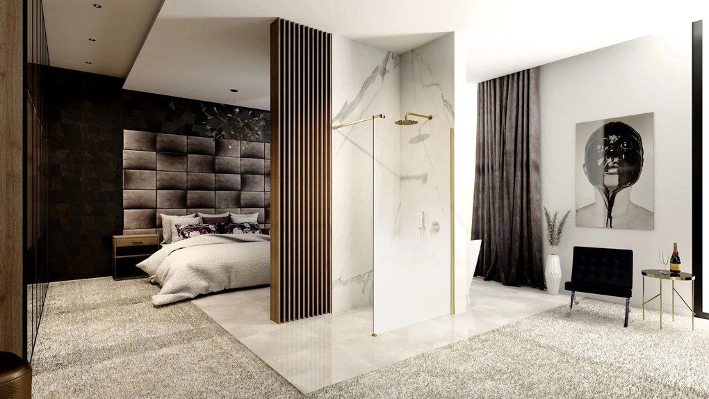 Rea Aero Ombre, sprchová zástena Walk-In 120x195 cm, 8mm číre sklo s bielym vzorom, zlatý matný profil, REA-K2466