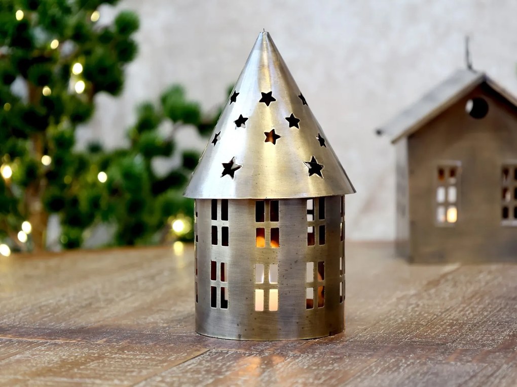 Mosadzný antik kovový závesný domček na sviečku Canie - Ø 10*18 cm