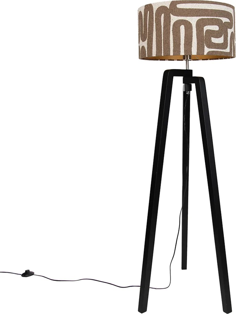 Stojacia lampa čierna trojnožka s hnedým a béžovým pruhovaným tienidlom 50 cm - Puros