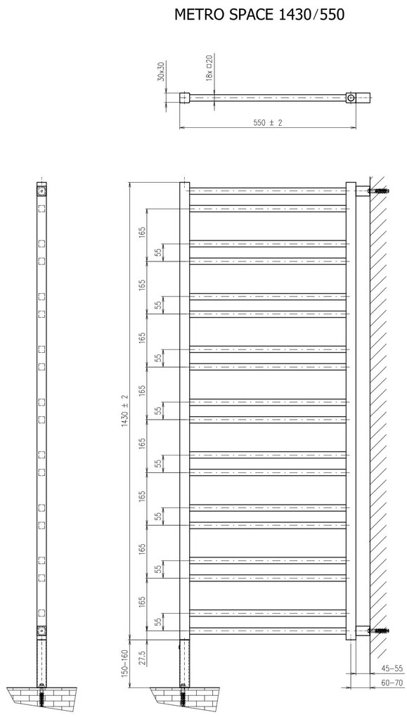 Sapho Sapho, METRO SPACE vykurovacie teleso 550x1430 mm, inštalácia v priestore, čierna mat, IR438B