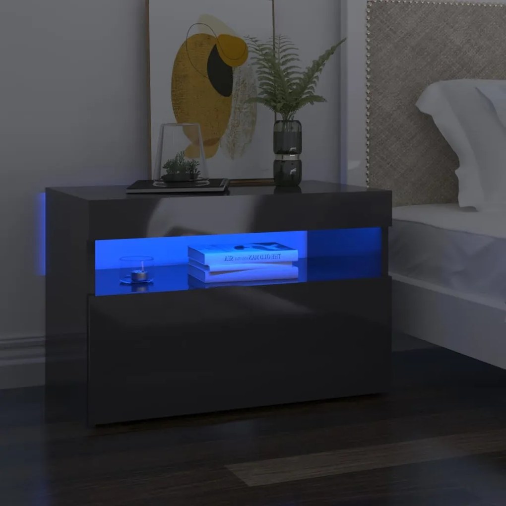 vidaXL Nočný stolík a LED svetlá lesklý sivý 60x35x40 cm