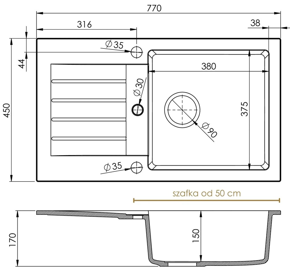 Sink Quality Natalie, kuchynský granitový drez 770x450x170 mm + chrómový sifón, čierna, SKQ-NAT.C.1KDO.X