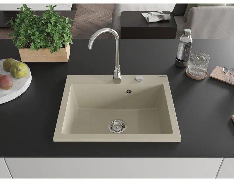Mexen Elix, 1-korový granitový drez 600 x 500 mm, béžová, chrómový sifón, 6525601005-69