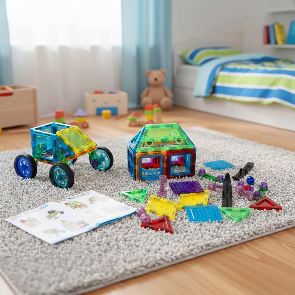 MULTISTORE Magnetické stavebné kocky 48 ks – stavebnica 2D/3D s kolieskami a šablónami, pre deti 3+