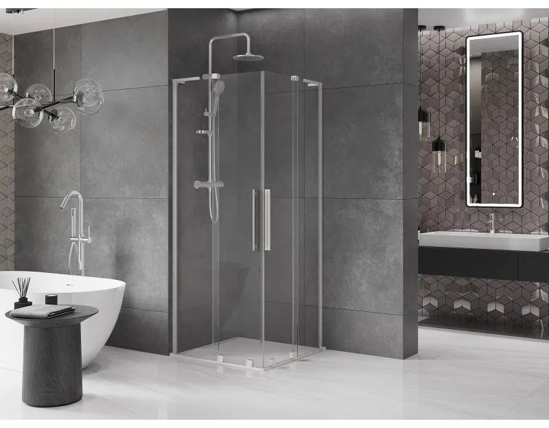 Mexen Velar L Duo, sprchový kút s posuvnými dverami 100 x 100 cm, 8mm číre sklo, brúsená oceľ, 871-100-100-02-03-97