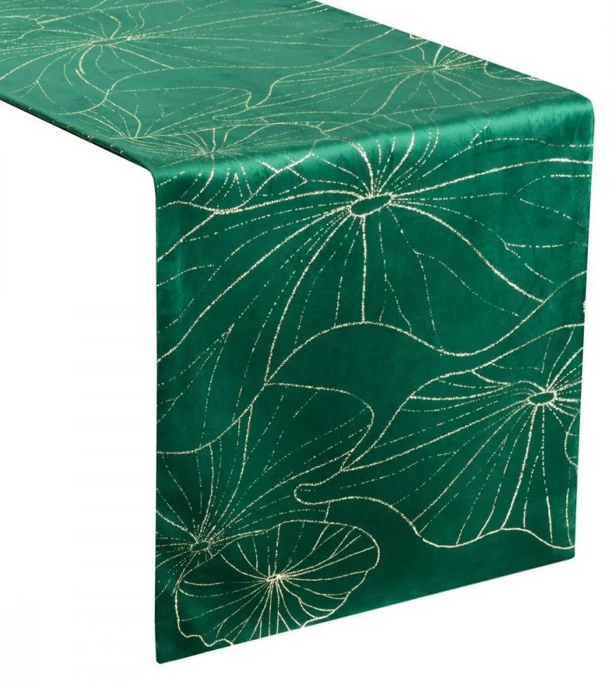 Zamatový stredový obrus zelenej farby s kvetinovou potlačou Šírka: 35 cm | Dĺžka: 220 cm