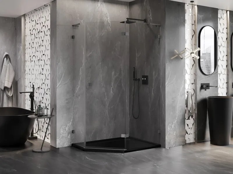 Mexen Lunar, L pravý výklopný päťuholníkový sprchový kút 100x90 cm priehľadný, profil grafit brúsený, 831L-100P-090L-66-00-P