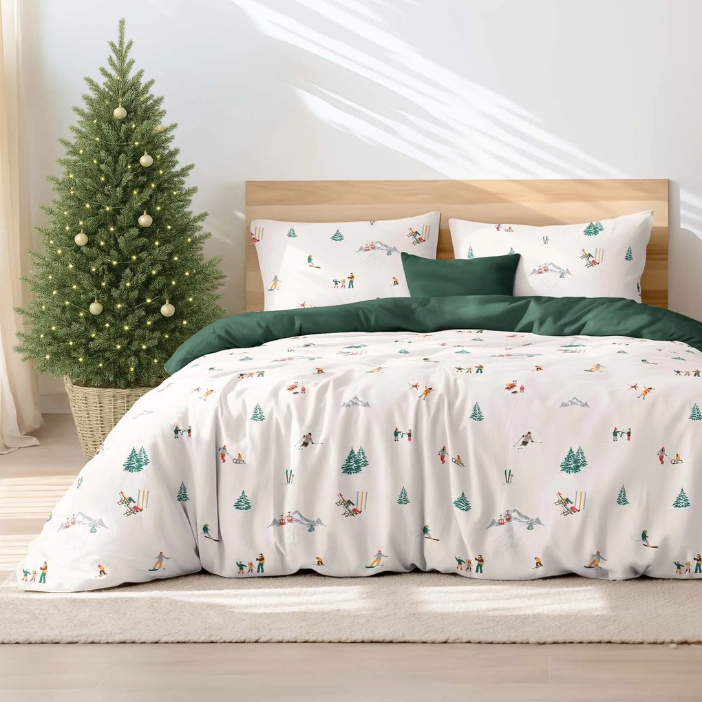 Goldea bavlnené posteľné obliečky duo - zimné radovánky s tmavo zelenou 140 x 220 a 70 x 90 cm