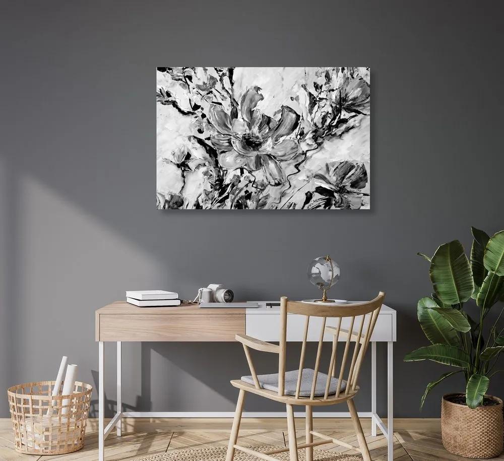Obraz nádherná maľovaná abstrakcia kvetu  v čiernobielom prevedení