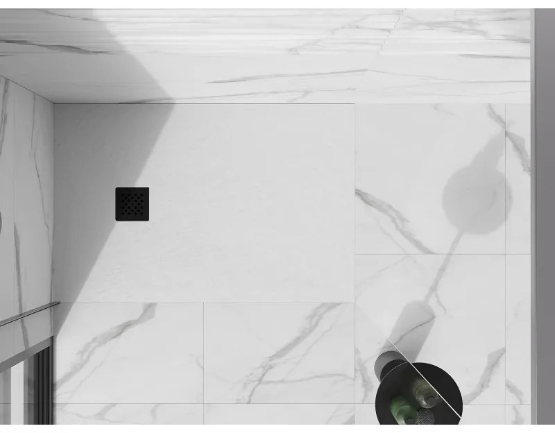 Mexen Stone+, obdĺžniková vanička z minerálneho kompozitu 130 x 90 cm, biela, čierna krytka, 44109013-B