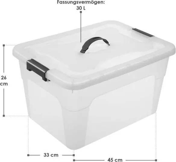 Sada 4 úložných boxov s viečkami, 30 l, plast, priehľadné