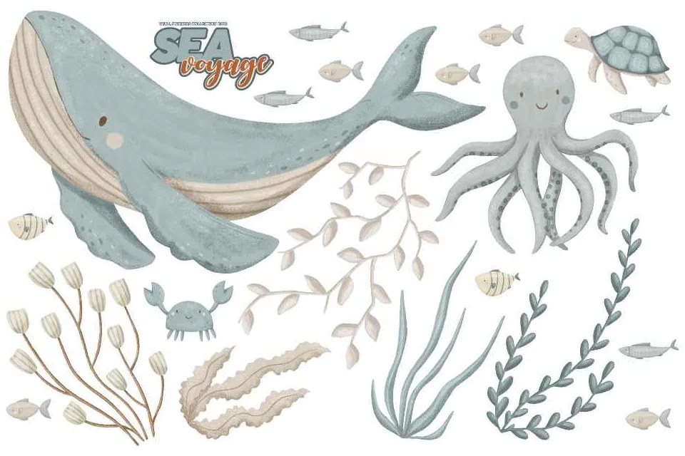 Gario Detská nálepka na stenu Sea voyage - veľryba, chobotnica a morské riasy