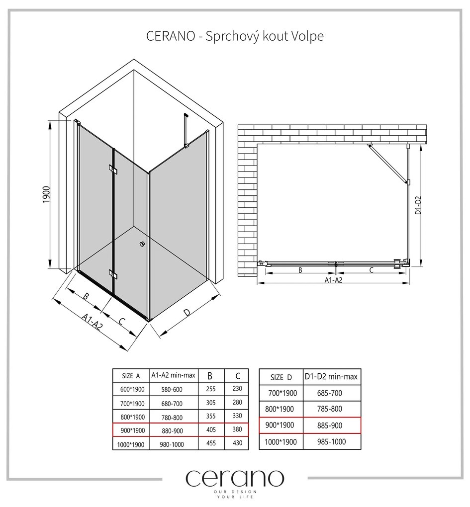 Cerano Volpe, sprchovací kút so skladacími dverami 90(dvere) x 90(stena), 6mm číre sklo, chrómový profil, CER-CER-427207