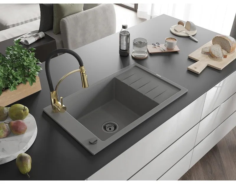 Mexen Elias, 1-komorový granitový drez 795x480x200 mm a drezová batéria Aster, šedá, 6511-71-73450-57-B