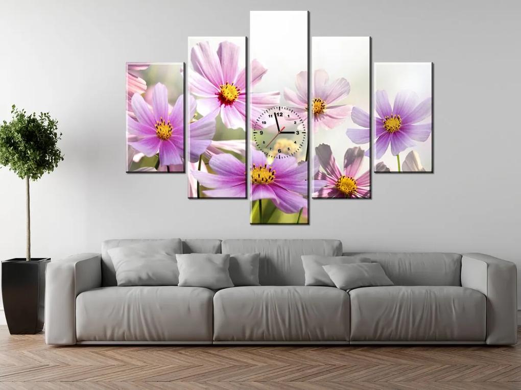 Gario Obraz s hodinami Jemné kvety - 5 dielny Rozmery: 150 x 70 cm