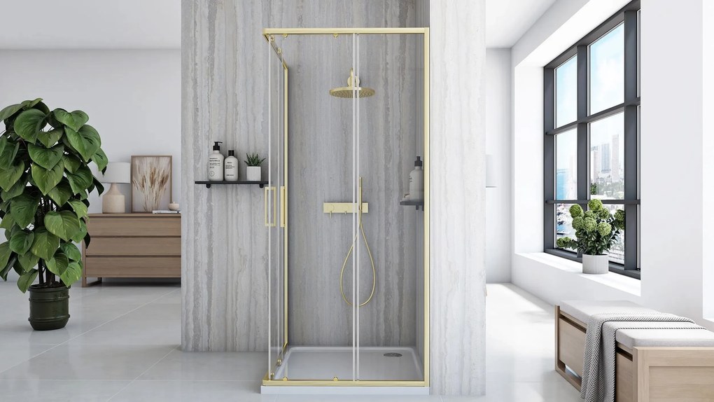 Rea City, sprchovací kút s posuvnými dverami 90(dvere) x 90(dvere) x 190 cm, zlatý matný profil + biela sprchová vanička Savoy, KPL-K6443