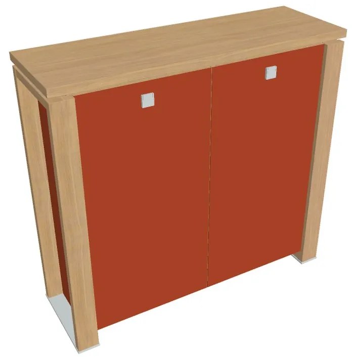 Stredná skriňa Verno+ S 140 x 46 x 130 cm, sklenené dvere, dub svetlý / oranžová