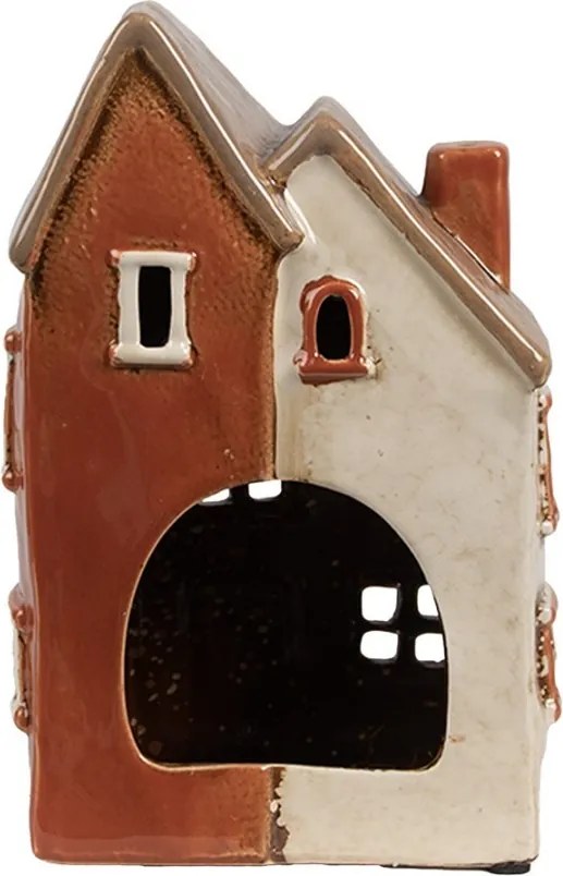Béžovo-hnedý keramický svietnik na čajovú sviečku domček Amster Village - 13*8*20 cm