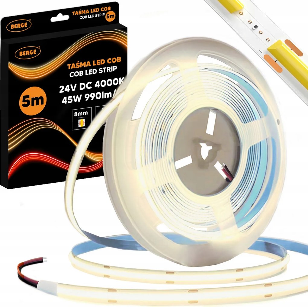 BERGE LED pásik COB Neon 24V - 480D - 9W/m - IP20 - 990lm - 5m - neutrálna farba