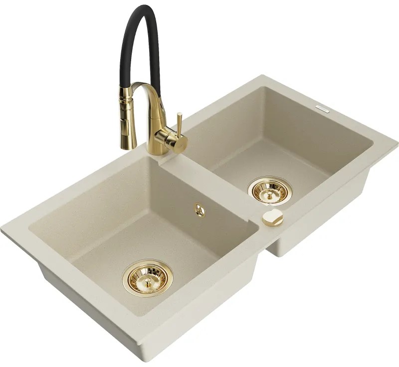 Mexen Mario, granitový drez 820x436x161 mm, 2-komorový a drezová batéria Aster, béžová, 6504-69-73450-57-G