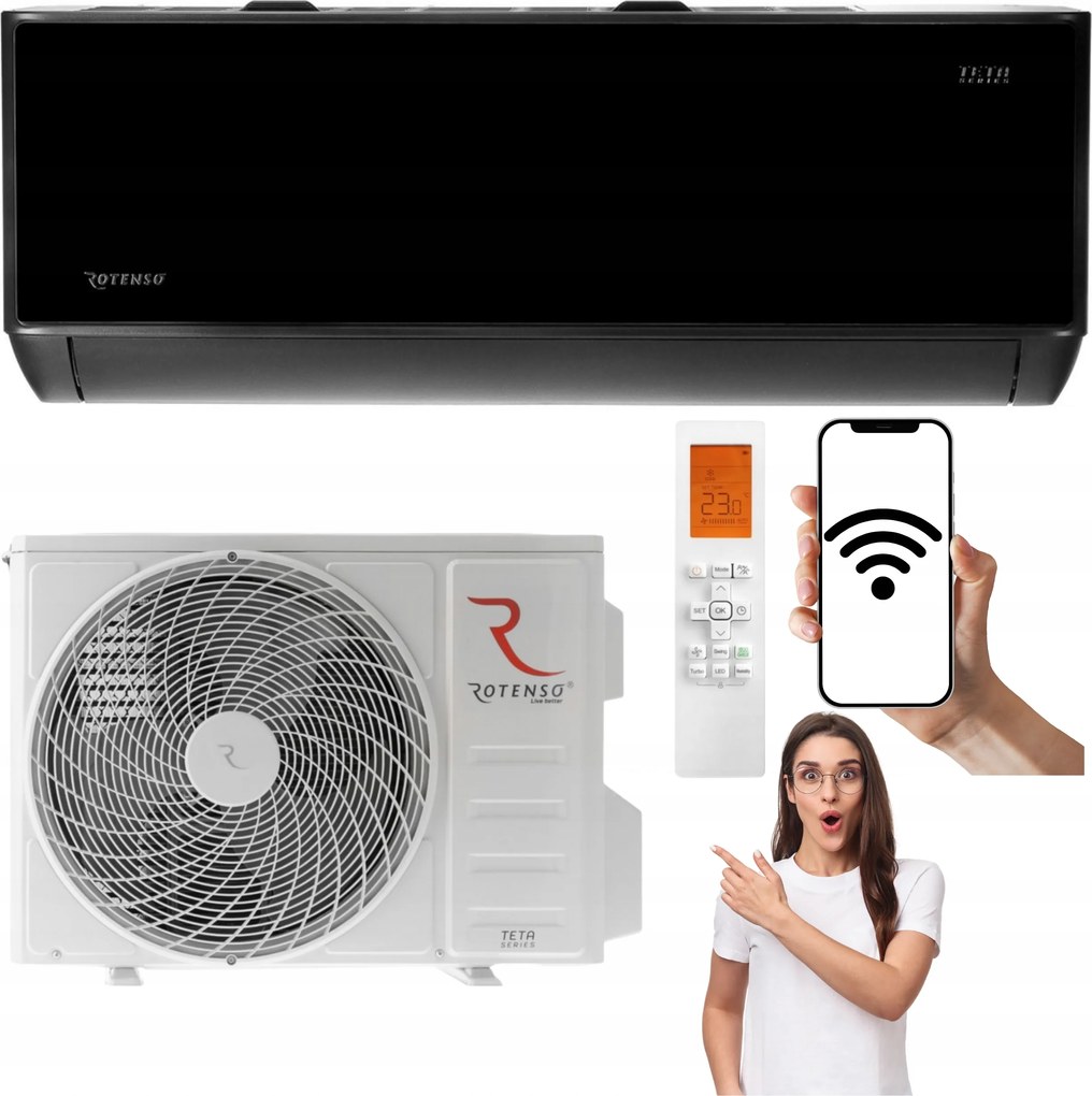 Nástenný klimatizátor Rotenso Teta Mirror Čierny 2,6 kW 30 m2 WiFi Na Vykurovanie