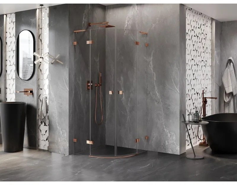 Mexen Lunar, L polkruhový výklopný sprchový kút 90 x 90 cm, 8mm číre sklo, profil ružové zlato, 833L-090L-090P-60-00