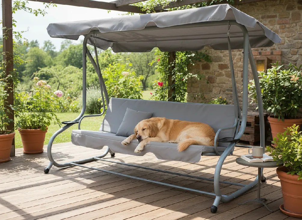 Garden Line ZÁHRADNÁ HOJDAČKA 210 x 120 x 170 cm ŠEDÁ S FUNKCIOU LEŽANÍKA