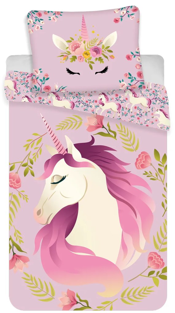 Detské obliečky Jednorožec 140×200 + 70×90 cm – 100 % bavlna, ružové, kúzelný dizajn pre dievčatá