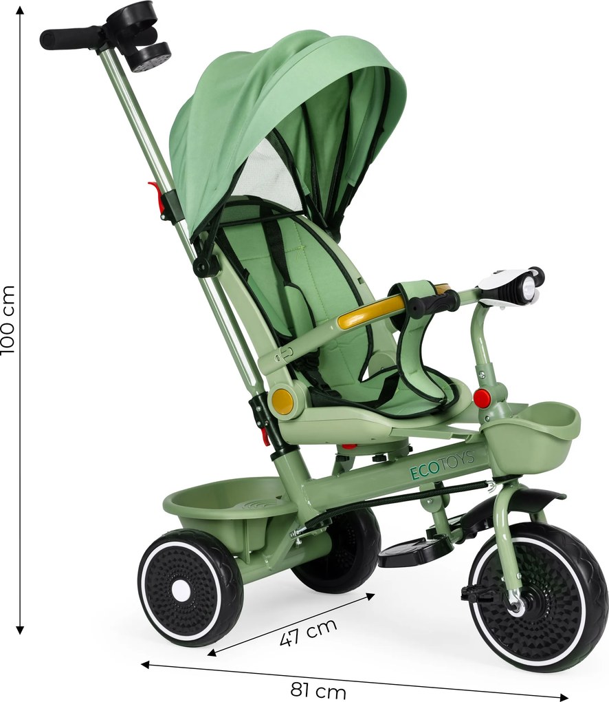 ECOTOYS multifunkčná detská trojkolka 6 mesiacov–6 rokov, otočné sedadlo 360°, zelená