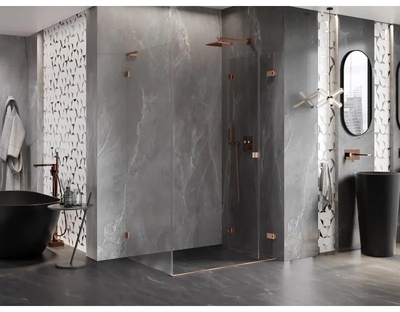 Mexen Lunar-F L, 1-krídlový sprchový kút so skladacími dverami, pravý, 90 x 80 cm, 8mm číre sklo, medený profil, 836L-090-080-65-00-P