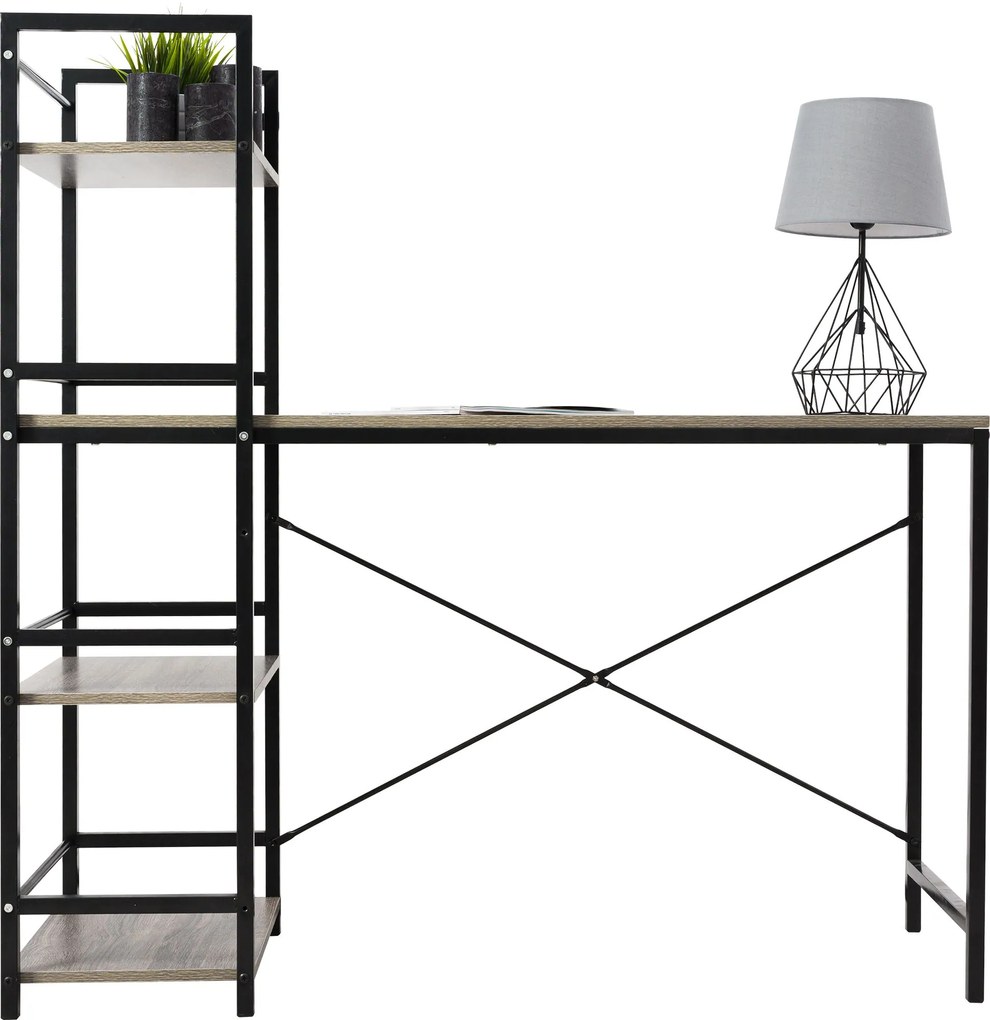Tutumi Tutumi, priemyselný pracovný stôl s regálom 120x49x120,5 cm, čierna-dub, MEB-06000