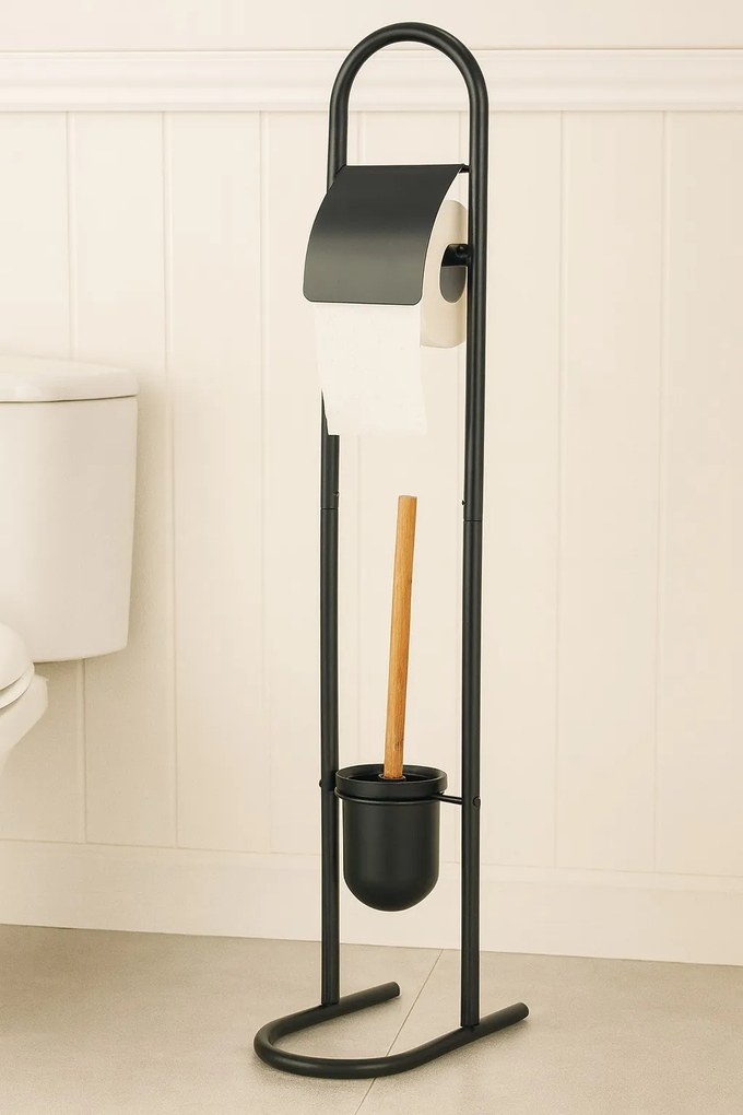 Stojan na toaletný papier a WC kefu Beri, čierna/s drevenými prvkami