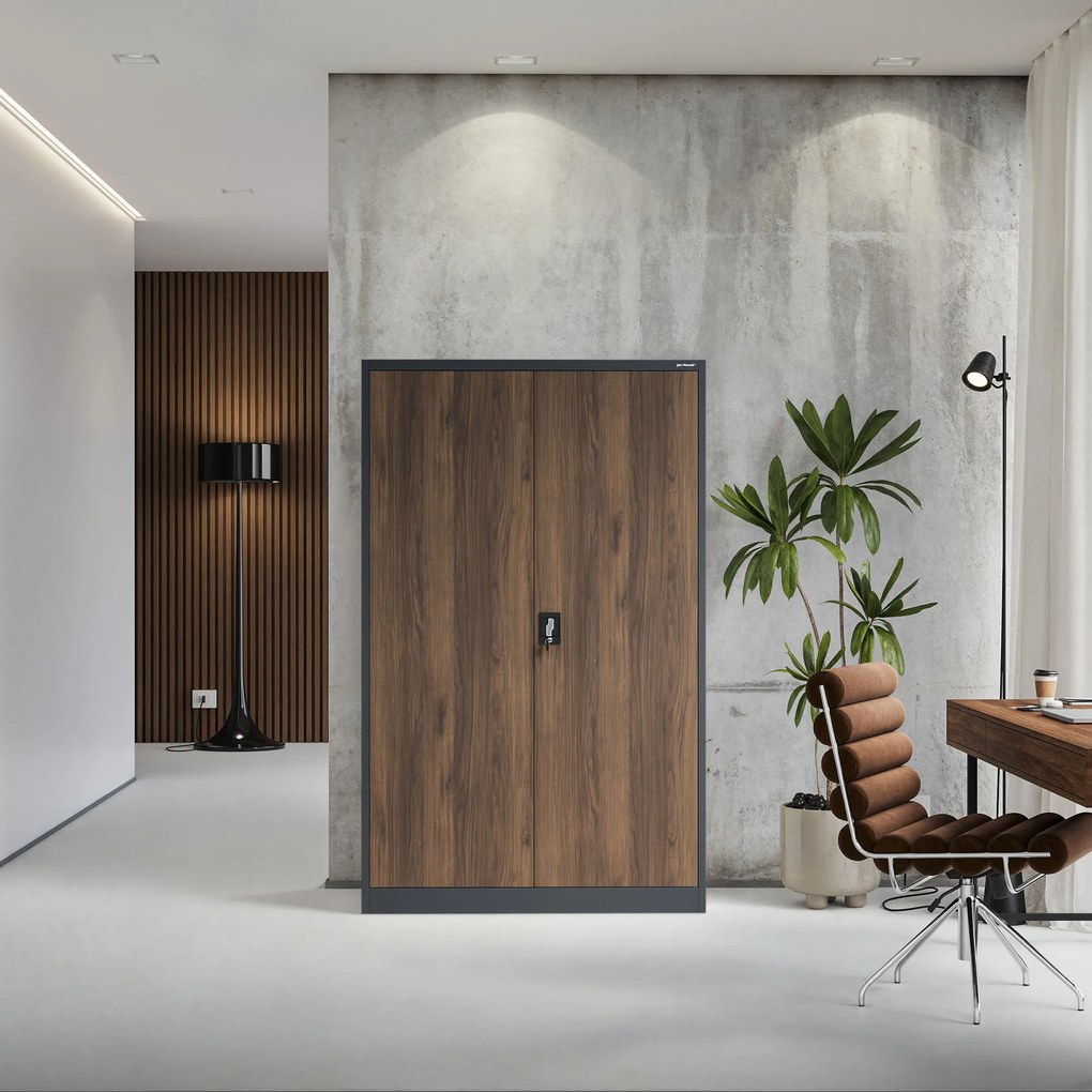 Kancelárska kovová skrinka na dokumenty JAN II, Eco Design: antracit/orech