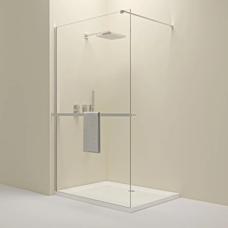 Erga Paris, sprchová zástena Walk-In 120x200 cm s poličkou a vešiakom na uteráky, 8mm číre sklo, chrómový profil, ERG-V02-PARIS-120x200-CL-CR-BAR