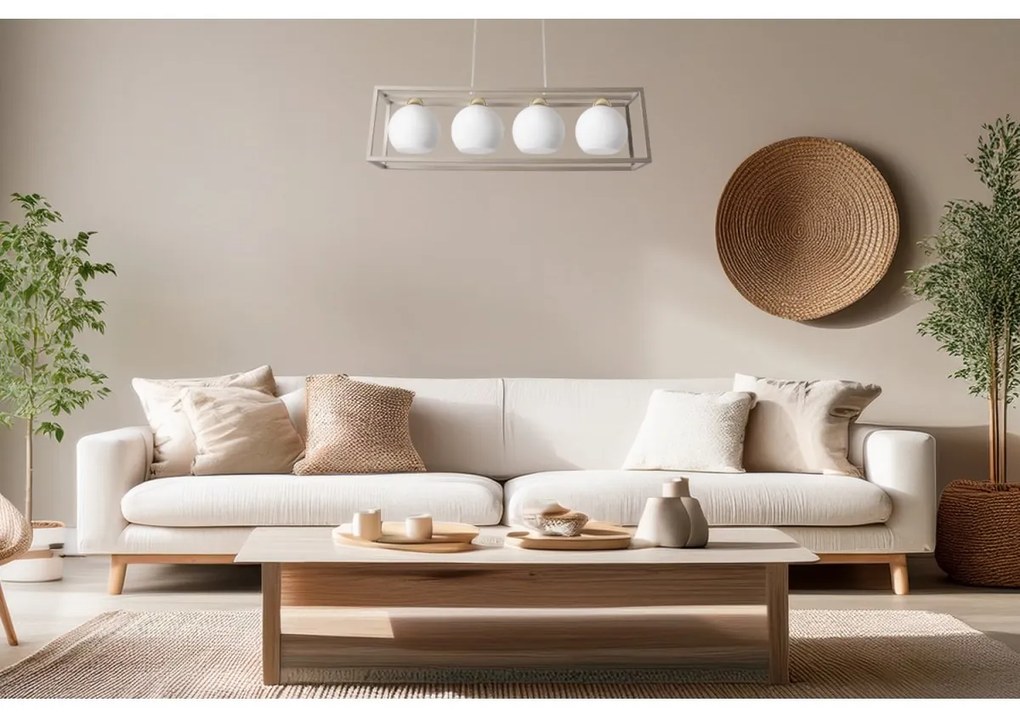 Závesné svietidlo Eliza Cage, 4x biele sklenené tienidlo v kovovom ráme