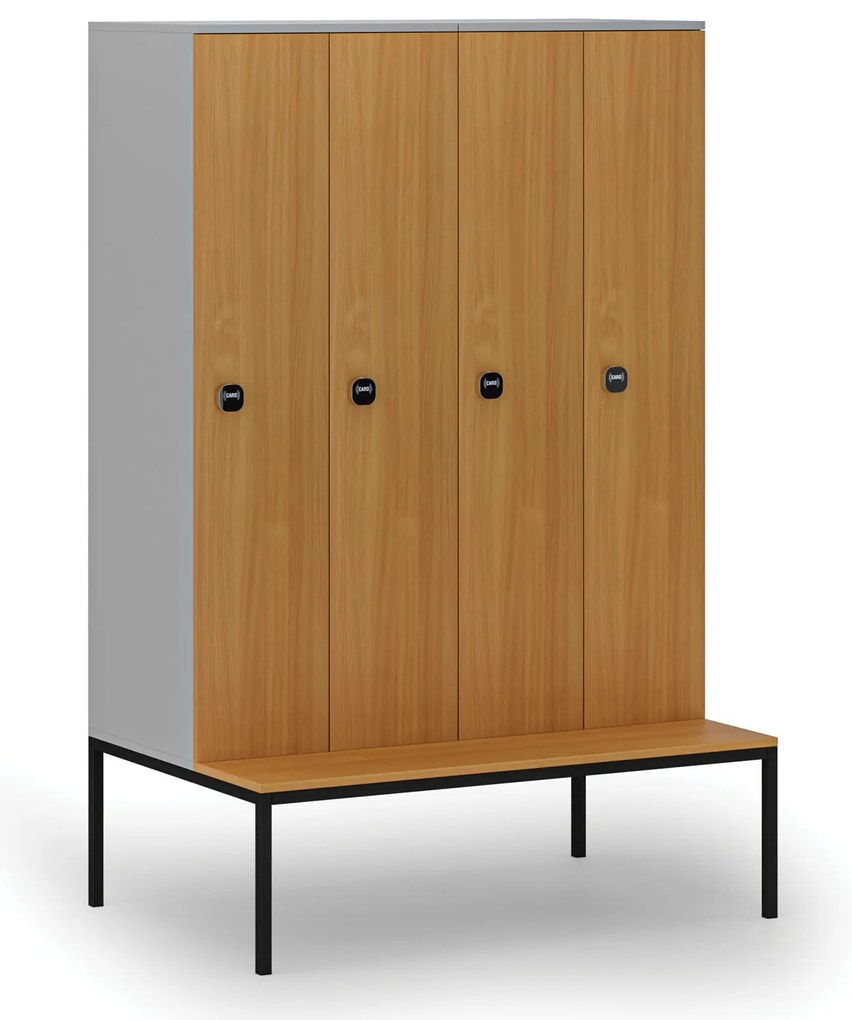 Drevená šatníková skrinka S4 s lavičkou, 4 oddiely, 1871 x 1200 x 500/800 mm, demont, RFID zámok, sivá/buk