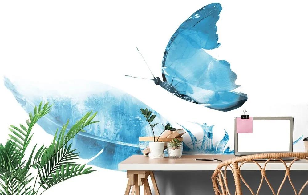 Samolepiaca tapeta pierko s motýľom v modrom prevedení - 150x100