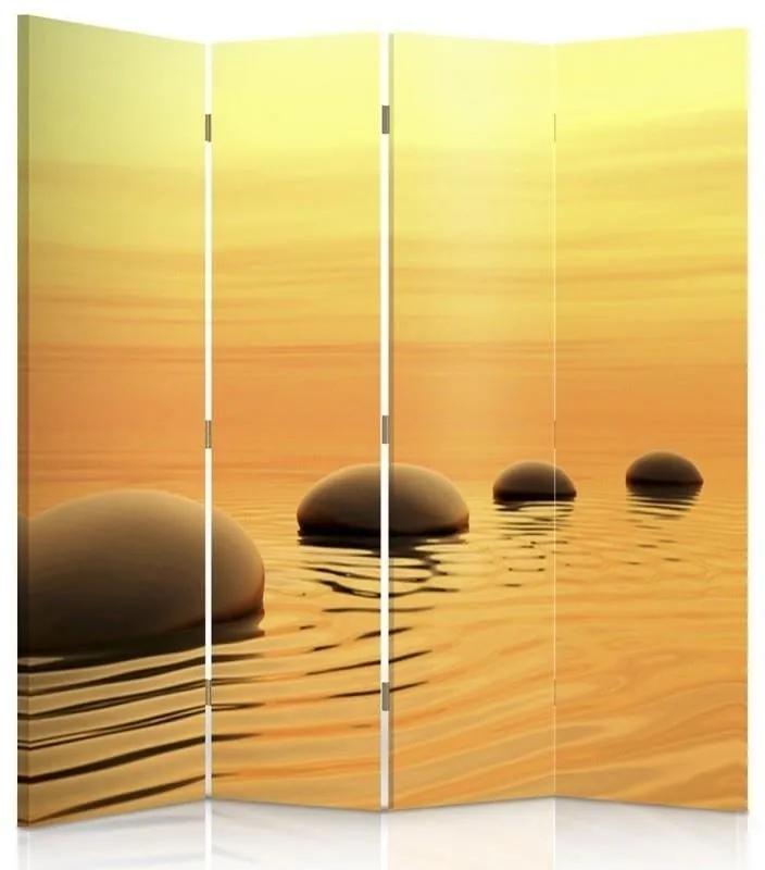 Ozdobný paraván Zen Spa Kameny Voda Žlutá - 145x170 cm, štvordielny, obojstranný paraván 360°