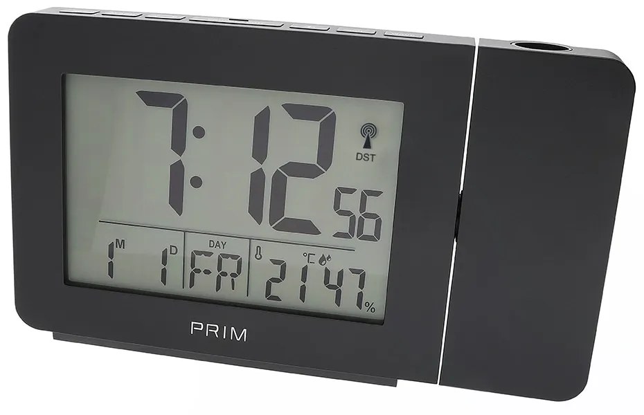 Rádiom riadený budík s laserovou projekciou PRIM C02.4297.90 – čierny, teplomer a vlhkomer