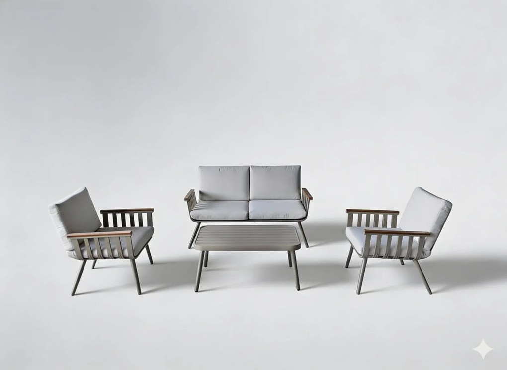 Garden Line SÚPRAVA HLINÍKOVÉHO NÁBYTKU (SOFA + 2 KRESLÁ + STÔL) BEŽOVÁ + BEŽOVÉ VANKÚŠE *9408