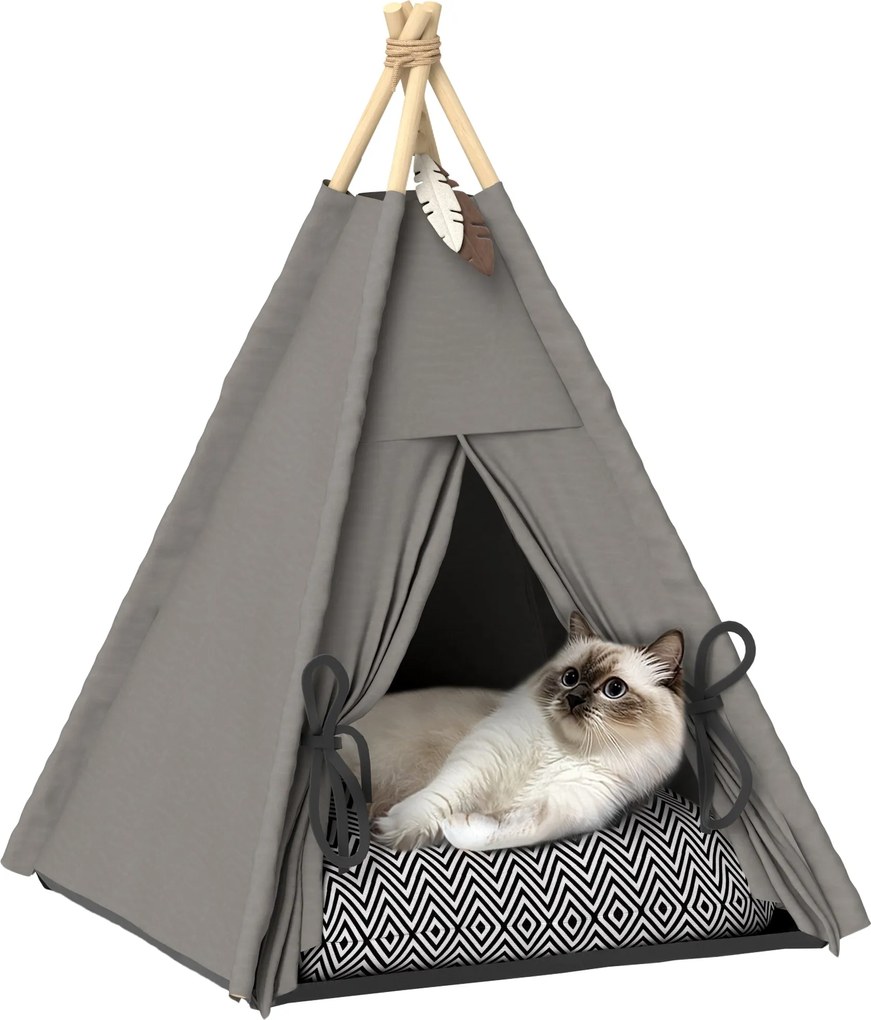 PawHut Teepee stan pre mačky a psov, stan s odnímateľným a prateľným vankúšom, domček pre mačky s protišmykovým dnom, s hračkou, pre mačky do 5 kg a m
