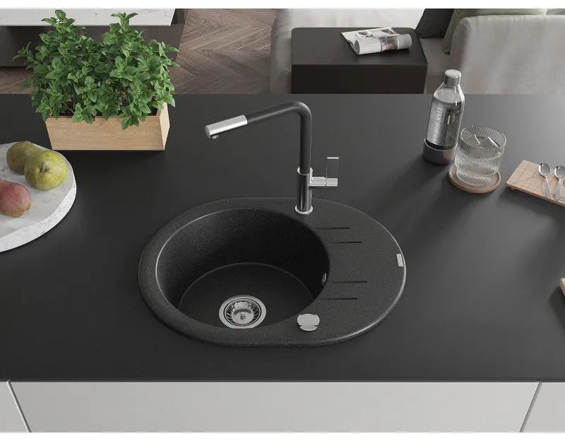 Mexen Kevin, 1-komorový granitový drez 586x458x190 mm a drezová batéria Flora, čierna-strieborná metalíza, 6517-73-670401-07