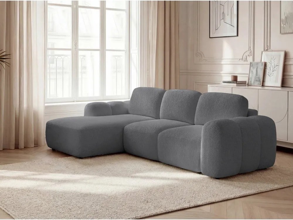 Sivá rozkladacia/s úložným priestorom rohová pohovka z textílie buklé (ľavý roh/s leňoškou) Montaigne – Bobochic Paris