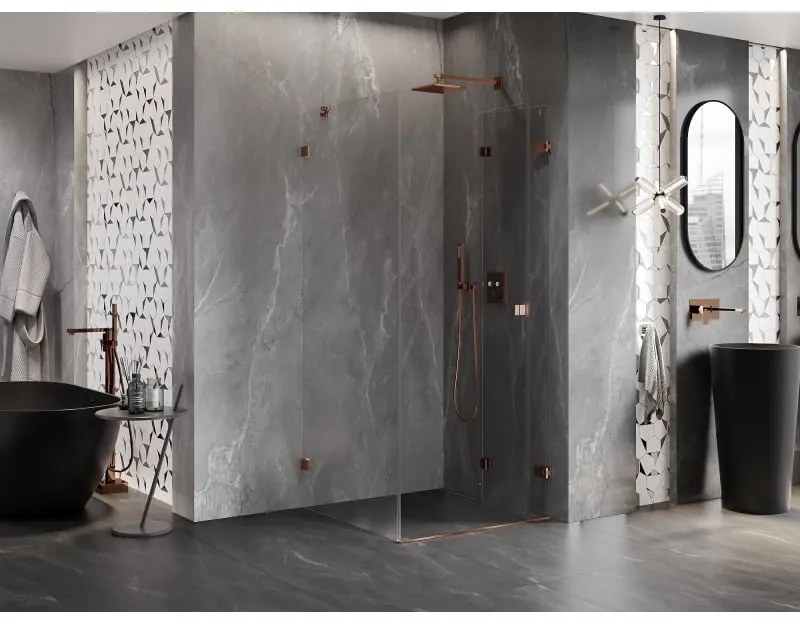 Mexen Lunar-F, 1-krídlový sprchový kút so skladacími dverami, pravý, 80 x 80 cm, 8mm číre sklo, ružové zlato profil, 836-080-080-60-00-P