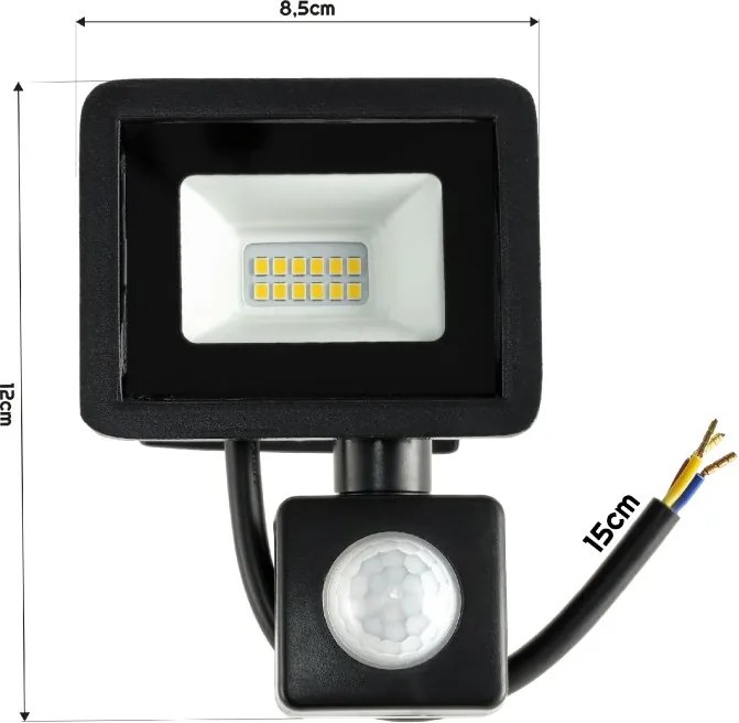 LED reflektor 10W 900lm so senzorom pohybu, súmrakový reflektor IP65