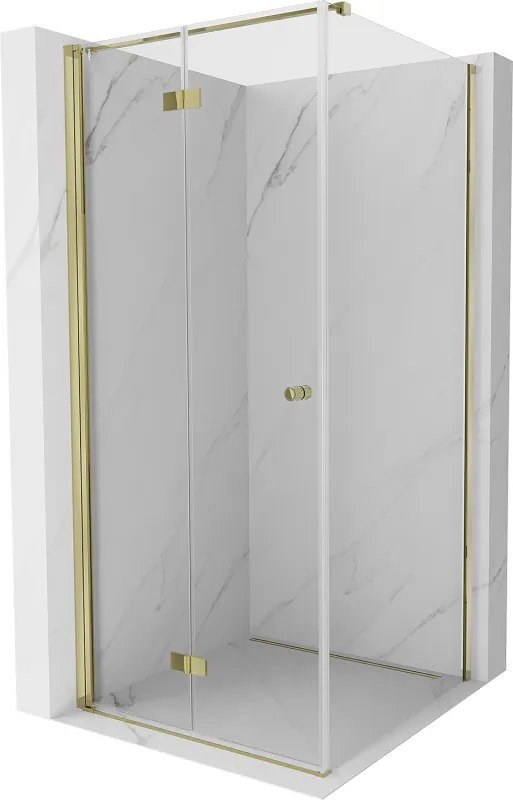 Mexen Mist-F T, 1-krídlový skladací sprchový kút ľavý 80 x 80 cm, číre sklo, zlatý lesklý profil, 8A6T-080-080-50-00-L